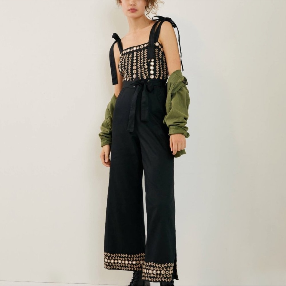 Anthropologie Raga Natasha Black Cotton Mirrored Jumpsuit Size Medium